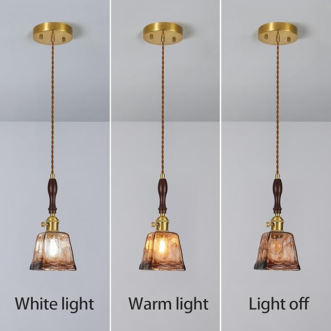 Amber Glass Vintage Pendant Light Height Adjustable Handmade Glass Pendant Lights Kitchen Island Gold Hanging Light Fixture with Wood Handle for Bedroom Dining Room Hotel (3 Pack)