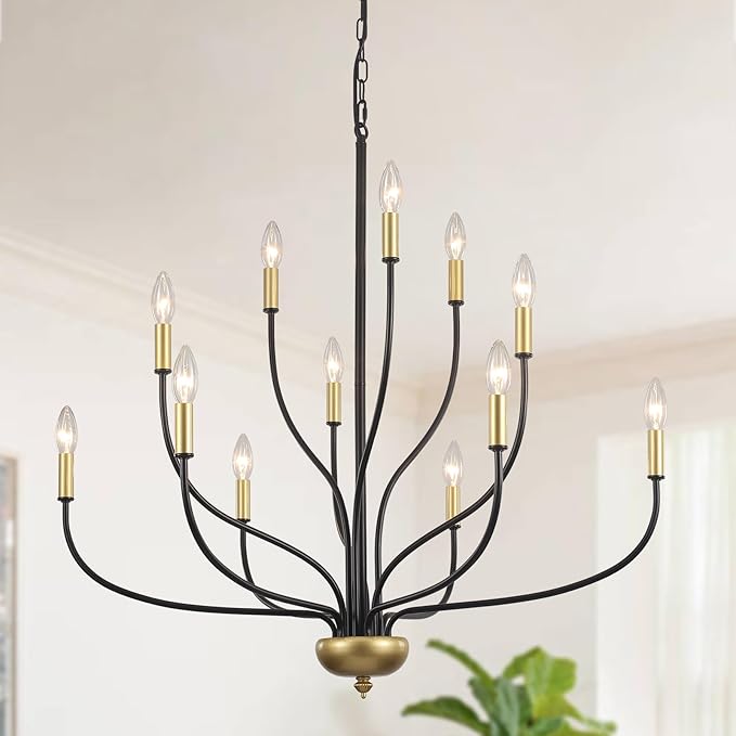 12-Lights Farmhouse Chandelier for Dining Room, 34 Inch Black and Gold Chandeliers for High Ceilings Foyer Modern Large Pendant Light Fixtures for Living Room Entryway Hallway Kitchen Island E12