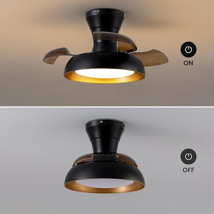 23 Inch Black and Gold Ceiling Fan with Light and Brown Retractable Blades Small Led Light Fixture Ceiling Modern Fandelier Fan Lights Cei ling Fixtures for Bedroom Dining Room Kitchen