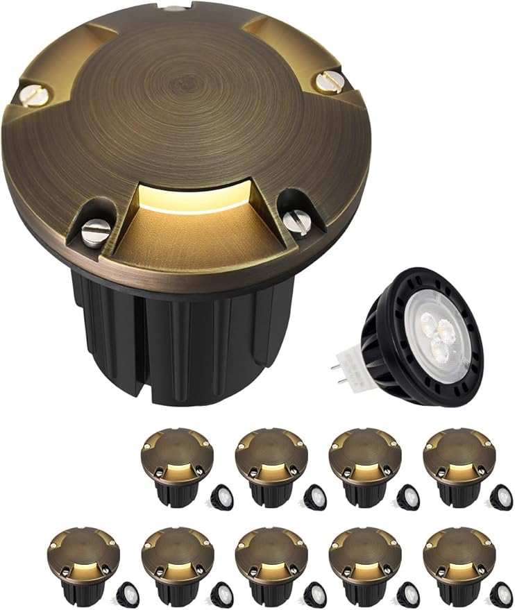 MALORY Brass Top Cover Landscape Well Lights,(φ126 mm) 12V Low Voltage Outdoor In Ground Lights,Landscape Lighting for Pathway, Driveway and Garden (Three-Direction Turret, 10-Pack with Bulb)