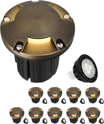 MALORY Brass Top Cover Landscape Well Lights,(φ126 mm) 12V Low Voltage Outdoor In Ground Lights,Landscape Lighting for Pathway, Driveway and Garden (Three-Direction Turret, 10-Pack with Bulb)