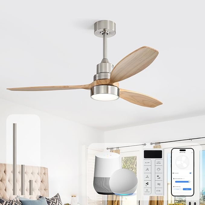 Sofucor 52 Inch Solid Wood Smart Ceiling Fans with Lights and Remote, Works with App/Alexa/Google, 6-Speed Outdoor Ceiling Fan with Light, 3 Blade Ceiling Fan, Quiet DC Motor for Living Room Patio