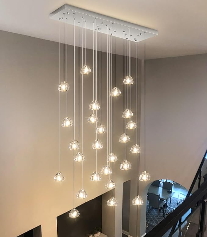 HAIXIANG LED Rectangular Glam Chandeliers for Living Room Dining Room Light Dimmable High Ceiling Pendant Lights Fixtures Lighting 26-Lights Foyer Entryway Lighting Brushed Nickel