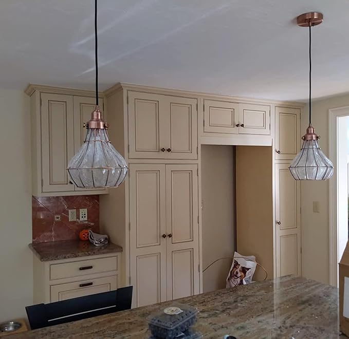 YUBOLE Copper Pendant Light with Cracked Glass Shade Vintage Kitchen Pendant Light Fixture E26 Based Red Antique Copper, Glass Hanging Light for Kitchen Dining Foyer