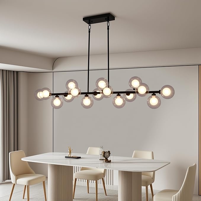 Chandeliers for Dining Room, Modern Globe Chandelier with 16 Double Glass Lampshades, Large Linear Sputnik Chandelier for Dining Room Kitchen Island - Black