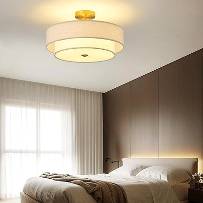 17.7" Semi Flush Mount Ceiling Light Fixtures, Gold Close to Ceiling Light Fixtures with 2-Tier Drum Fabric Lamp Shade, Modern Ceiling Light Fixtures Flush Mount for Bedroom Hallway Nursery