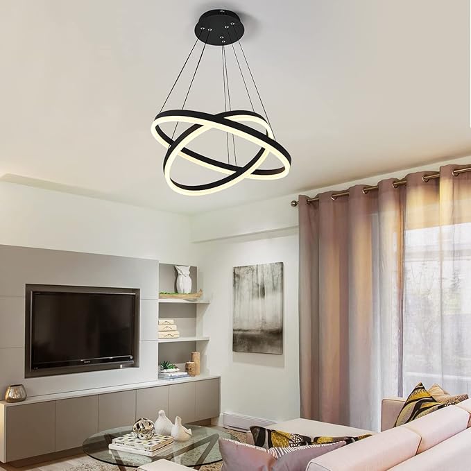 2-Rings Modern LED Chandelier Black for Dining Room, Dimmable Pendant Lighting with Remote Control Circular Flush Mount High Ceiling Light for Bedroom Living Room Foyer, 3000K-6500K