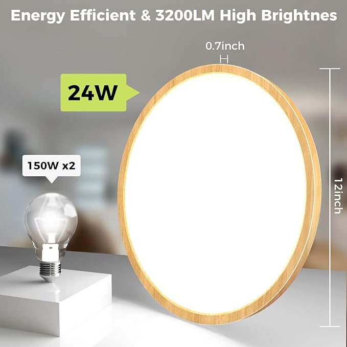 hepside 1Pack LED Flush Mount Ceiling Light Fixture, 12Inch 24W, Dimmable&3000K/3500K/4000K/5000K/6500K Adjustable Low Profile Ceiling Lights, Round Flat Ceiling Light for Closet,Kitchen,Hallway-Wood