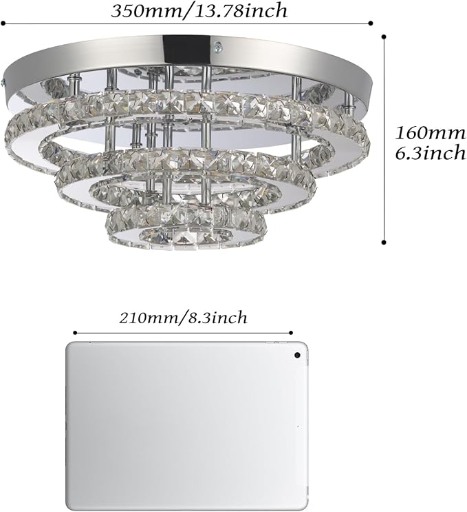 Modern Crystal Chandelier Round LED Ceiling Light Flush Mount Crystal Chandeliers for Dining Room Bedrooms Living Room, 42W, 3000 K Warm White