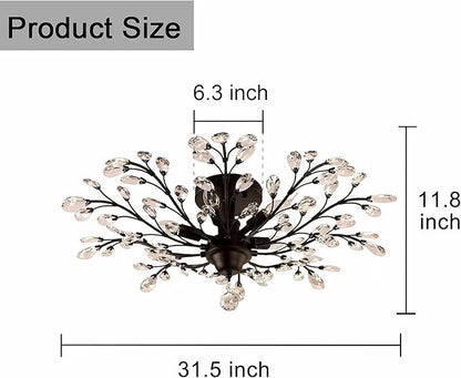 SEOL-Light Vintage Large Crystal Branches Chandeliers Black Close to Ceiling Light Flush Mount Fixture with 5 Light 200W 31.5" Dia;
