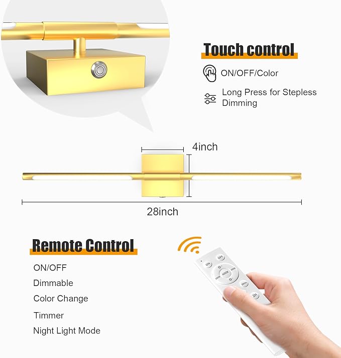 Battery Operated Wall Sconces Set of 2 Rechargeable LED Wall Lights, Dimmable 3000K-6500K, Battery Sconces Wall Decor for Bedroom Living Room Hallwayated Wall Sconce （2 Pack） (Gold, 28 INCH)