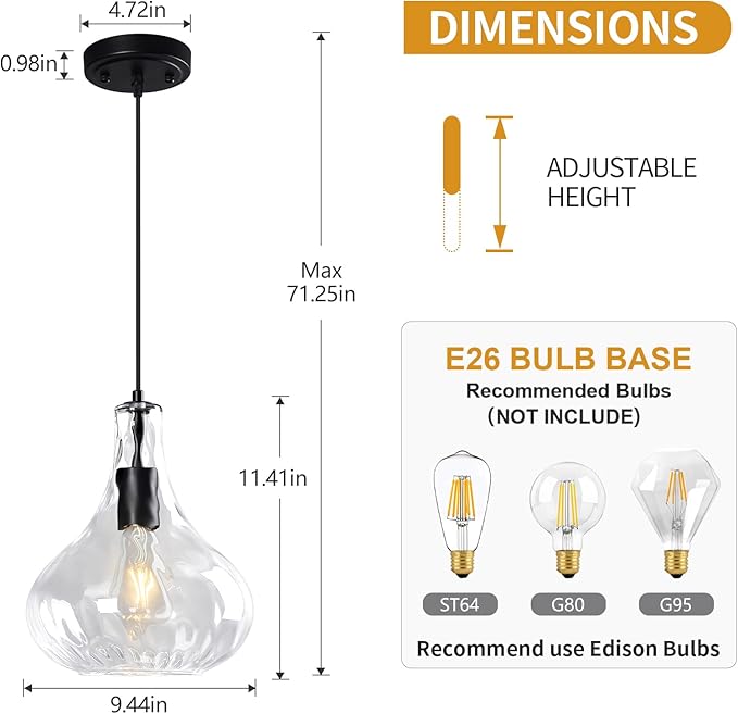 Modern Glass Pendant Light 9.44 in Clear Hammered Glass Shade Black Farmhouse Island Pendant Lights for Kitchen Pendant Lighting Over Sink Dining Room Bedroom