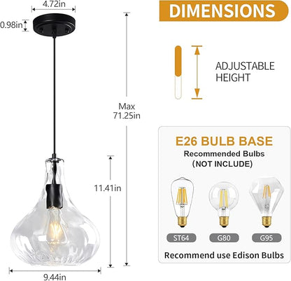Modern Glass Pendant Light 9.44 in Clear Hammered Glass Shade Black Farmhouse Island Pendant Lights for Kitchen Pendant Lighting Over Sink Dining Room Bedroom