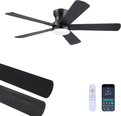 Ayaoty 52" Black Ceiling Fans with Lights and Remote - Flush Mount Fan Light with 5 Reversible Blades, 3CCT Dimmable, DC, Low Profile Ceiling Fan for Modern Indoor, Covered Outdoor