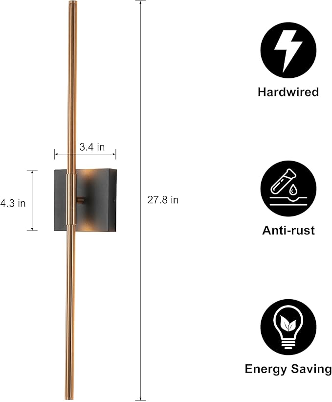 KUZZULL Modern Light Fixture Set of Two 27.8x4.3x3.4in Black and Brass Gold Sconces 1200Lm LED Wall Lights for Bathroom, Living Room, Corridor