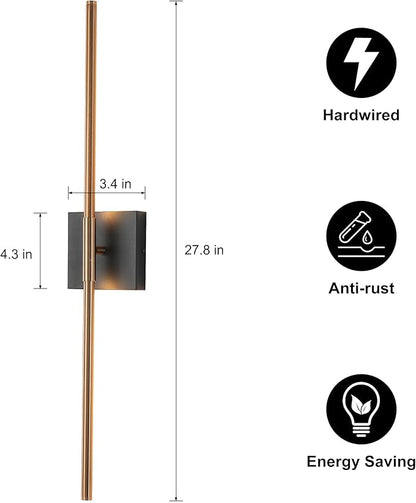 KUZZULL Modern Light Fixture Set of Two 27.8x4.3x3.4in Black and Brass Gold Sconces 1200Lm LED Wall Lights for Bathroom, Living Room, Corridor