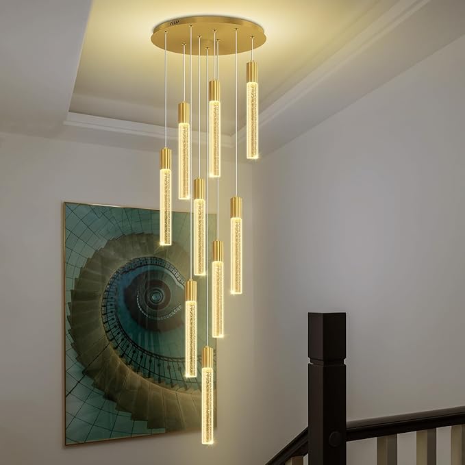 Modern 9-Light Crystal Chandelier – 98" High Ceiling Design Gold Dimmable LED Pendant Light for Foyer Living Room Hallway Staircase