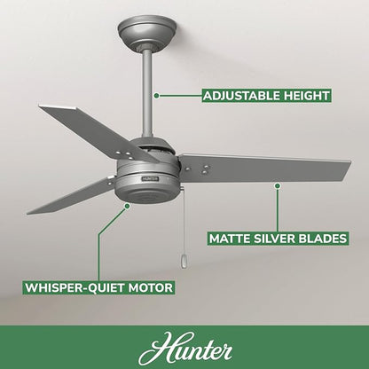 Hunter 44 inch Outdoor or Indoor Ceiling Fan No Light - Ceiling Fan without Light, For Patio, Porch, Garage, or Living Room, Standard Mount, 3 Blades, Pull Chain - Cassius 50256, Matte Silver