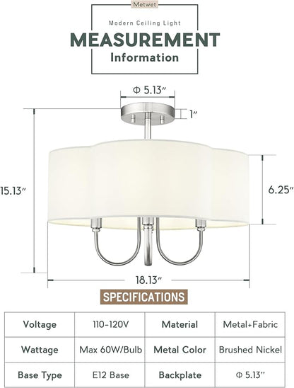 4-Light Semi Flush Mount Ceiling Light, 18" Vintage Light Fixtures Ceiling Mount with Fabric Shade in Quatrefoil for Kitchen Entryway Hallway Bedroom, Brushed Nickel, SM179-BN-L