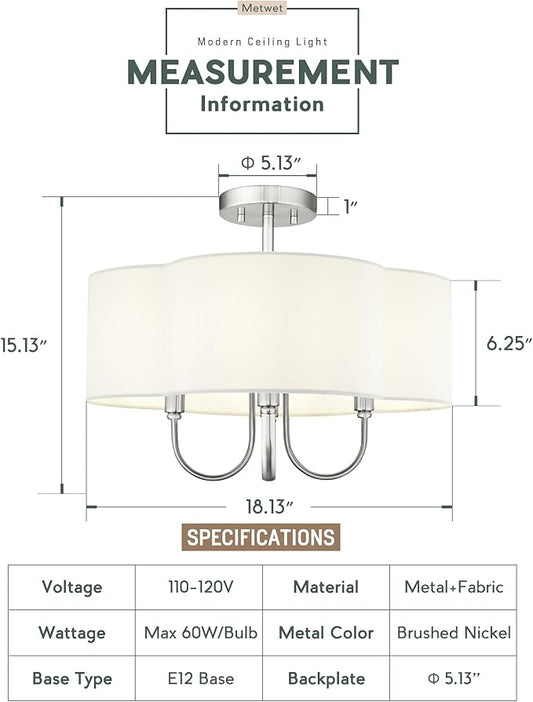 4-Light Semi Flush Mount Ceiling Light, 18" Vintage Light Fixtures Ceiling Mount with Fabric Shade in Quatrefoil for Kitchen Entryway Hallway Bedroom, Brushed Nickel, SM179-BN-L