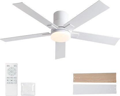 52 Inch Ceiling Fans with Lights and Remote,Flush Mount White Ceiling Fan with 5 Blades,6 Speed Reversible DC Motor,3CCT Dimmable LED-Low Profile Design for Bedroom, Living room & Covered Outdoor