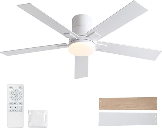 52 Inch Ceiling Fans with Lights and Remote,Flush Mount White Ceiling Fan with 5 Blades,6 Speed Reversible DC Motor,3CCT Dimmable LED-Low Profile Design for Bedroom, Living room & Covered Outdoor