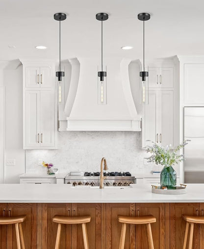 3 Pack Black Pendant Lights Kitchen Island (Bulbs Included), Adjustable Modern Glass Pendant Light Over Island, Industrial Pendant Light Fixtures for Dining Room Hallway Bedroom Living Room
