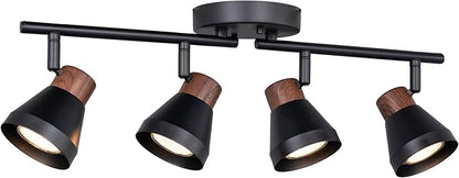 4 Light Modern Track Lighting Kit Black and Faux Wood Finish, Flexibly Adjustable Arm with Multi-Directional Ceiling Spotlight for Kitchen, Bedroom, Living Room,Ding Room Gu10 Not Included