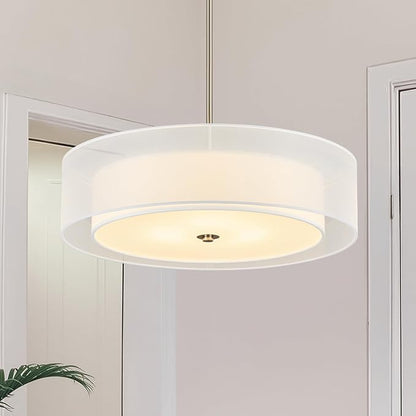 VONLUCE Drum Chandelier, 20.1" 3-Light Modern Chandelier with 2-Tier Fabric Lampshade, Modern Ceiling Light Fixture for Dining Room Bedroom Living Room with E26 Sockets, Nickel Finish, ETL Certified