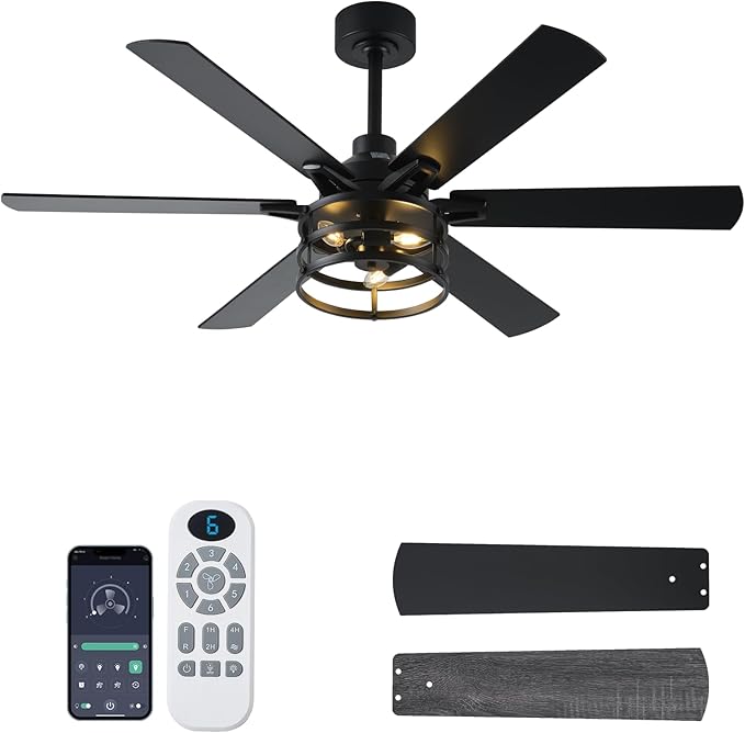NKPU 52 Inch Farmhouse Ceiling Fan with Light and Remote, Black Industrial Caged Rustic Ceiling Fan with 6 Speed Reversible Motor and Dual Finish 6 Blades, Rustic Ceiling Fan for Living
