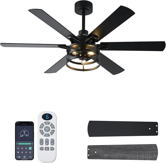 NKPU 52 Inch Farmhouse Ceiling Fan with Light and Remote, Black Industrial Caged Rustic Ceiling Fan with 6 Speed Reversible Motor and Dual Finish 6 Blades, Rustic Ceiling Fan for Living