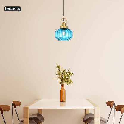 9in Mid Century Modern Blue Glass Pendant Light Fixture, Small Gold Kitchen Island Pendants Light Glass Ceiling Hanging Lamp for Foyer Dining Room Bedroom Entryway Hallway Over Sink