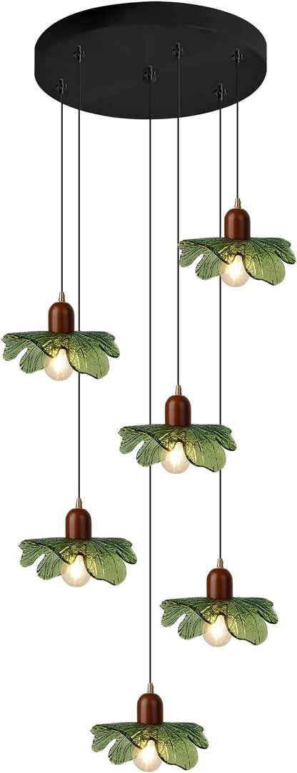 Long Chandelier for High Ceilings Flower Pendant Light 6-Lights Modern Black Chandelier Green Hanging Flush Mount Lighting Fixtures for Spiral Staircase Foyer Entryway Living