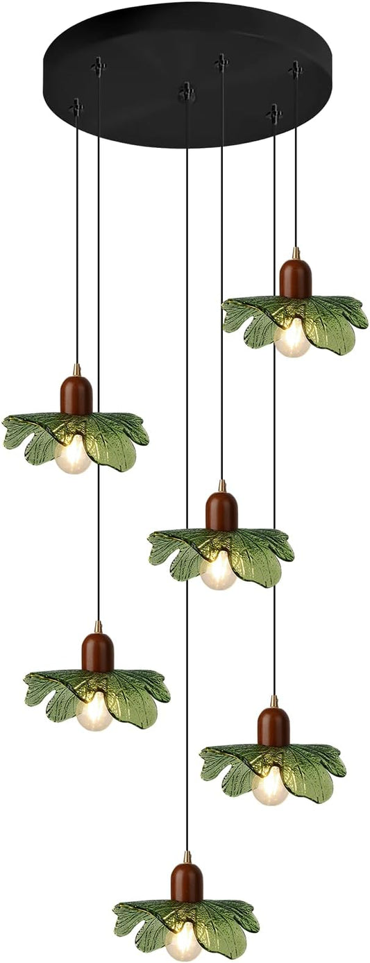 Long Chandelier for High Ceilings Flower Pendant Light 6-Lights Modern Black Chandelier Green Hanging Flush Mount Lighting Fixtures for Spiral Staircase Foyer Entryway Living