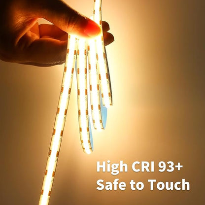 16.4FT/5M COB LED Strip Light, Warm White 3000K LED Tape Lights, Cuttable LED Lights CRI93+ Flexible Dimmable Light Strip for Bedroom TV Backlight Mirror Kitchen Cabinet Decor(with Plug)