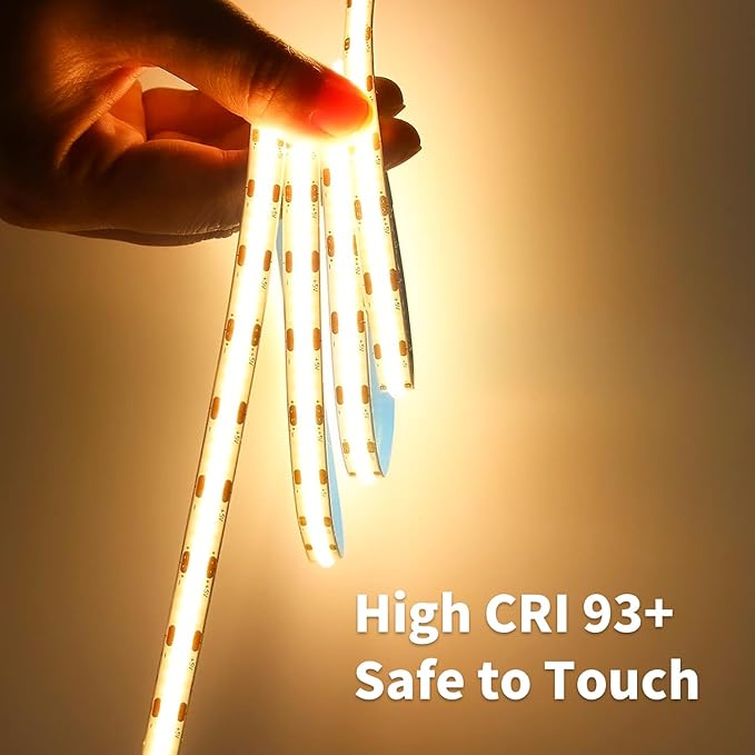 16.4FT/5M COB Led Strip Lights, Warm White 3000K LED Tape Lights, 640 LEDs/M CRI 93+ Flexible Dimmable Self Adhesive Lights Strip for Bedroom, Mirror, Kitchen, Indoor Decor (No Plug)