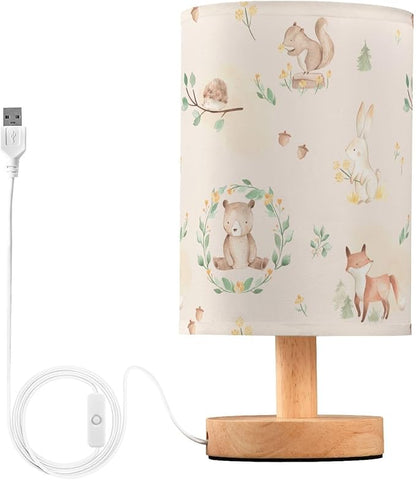 Bedside Table Lamp Woodland Animals Nightstand Lamp with Wood Forest Rabbit Deer Hedgehog Floral Desk Lamps for Bedroom Living Room Nursery Office Home Decor