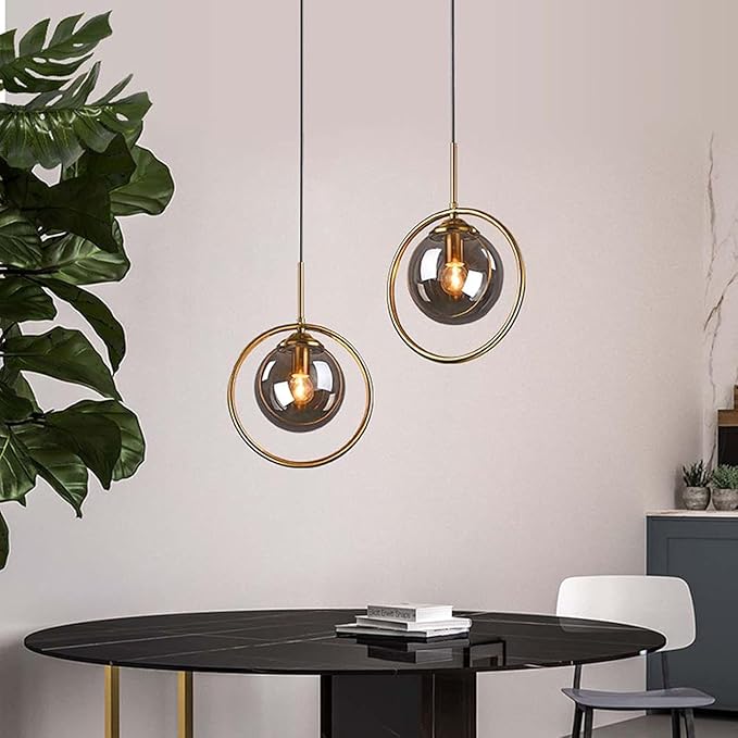 Pendant Light Modern Minimalist Hanging Lamp with Spherical Glass Shade and Brass Metal Ring Adjustable Height for Dining Room Bedroom Living Room (Smoke Grey)