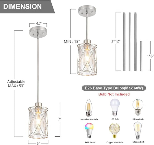 Refice Glass Pendant Lights Kitchen Island, Brushed Nickel Kitchen Hanging Light with Clear Glass, Farmhouse Cage Mini Pendant Lighting for Sink Dining Room Bedroom Bar, 3 Pack