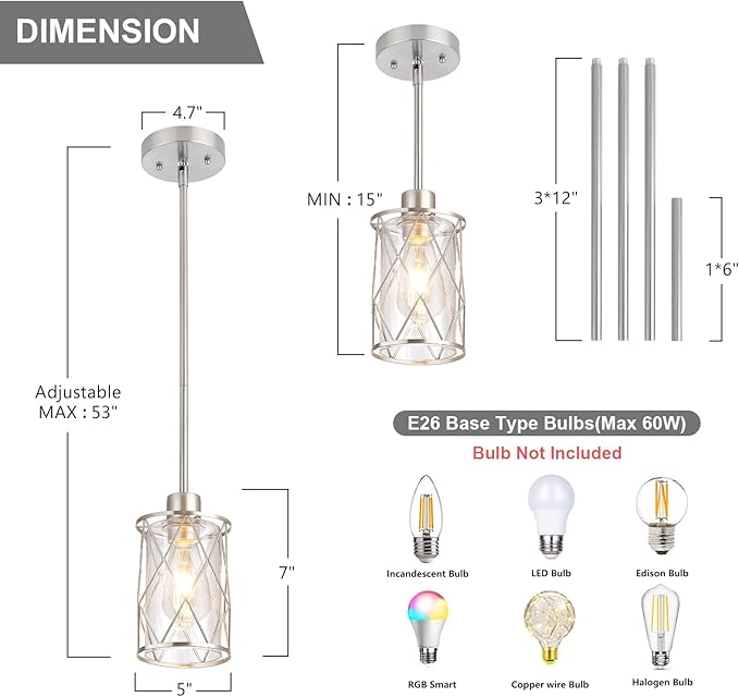 Refice Glass Pendant Lights Kitchen Island, Brushed Nickel Kitchen Hanging Light with Clear Glass, Farmhouse Cage Mini Pendant Lighting for Sink Dining Room Bedroom Bar, 2 Pack
