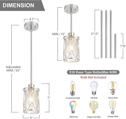 Refice Glass Pendant Lights Kitchen Island, Brushed Nickel Kitchen Hanging Light with Clear Glass, Farmhouse Cage Mini Pendant Lighting for Sink Dining Room Bedroom Bar, 1 Pack