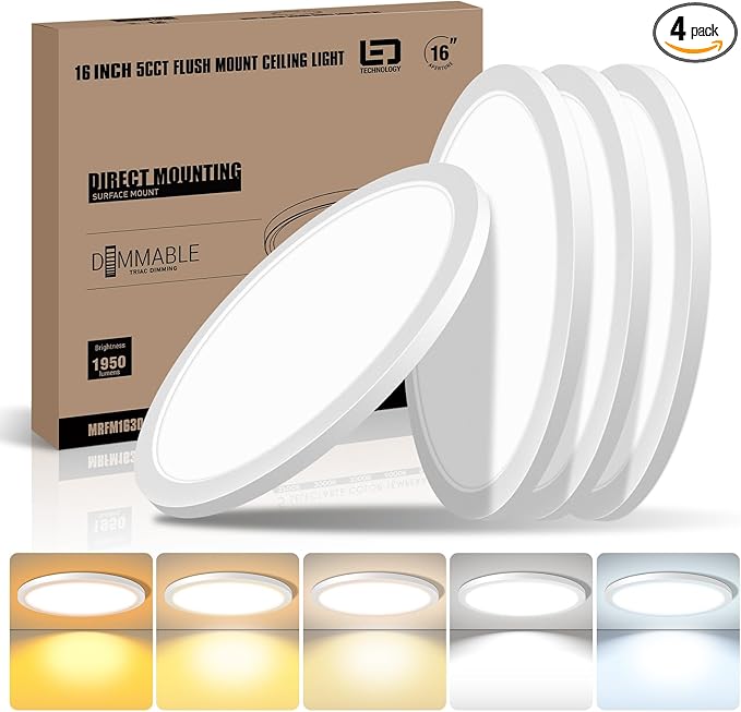 mw 4 Pack 16 Inch Flush Mount Ceiling Light, 30W, 5CCT 2700K/3000K/3500K/4000K/5000K, Dimmable Ultra Slim Modern LED Ceiling Light, Damp Location for Bedroom, Kitchen, Laundry Room, ETL Listed
