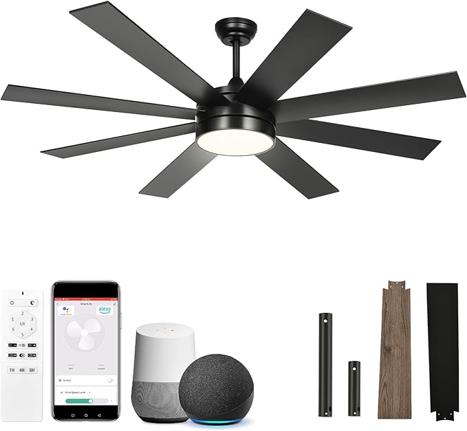 YITAHOME 60 Inch Black Ceiling Fan with Lights and Remote,8 Blades,App Control, Modern Smart Ceiling Fan Compatible with Alexa for Indoor, Reversible Quiet Motor, Memory Function