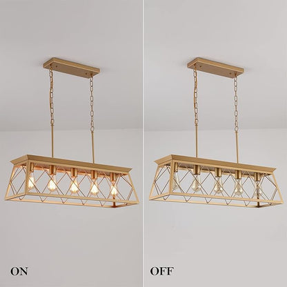 Q&S Modern Farmhouse Chandelier Light Fixtures,5-Lights Gold Linear Industrial Light Fixtures for Kitchen Island Bar Dining Table UL Listed