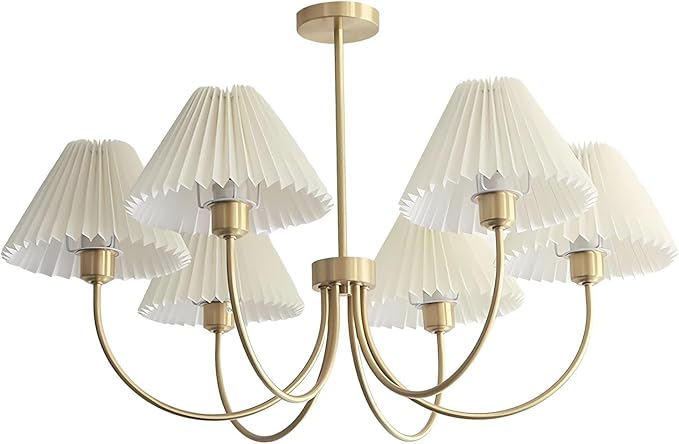 KCO Lighting Vintage Wrinkled Chandelier White Pleated Fabric Pendant Light Modern Gold Sputnik Chandelier 6-Lights Flush Mount Ceiling Light Classic Chandeliers for Dining Room