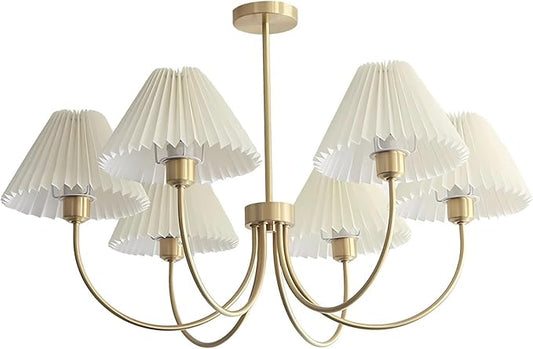 KCO Lighting Vintage Wrinkled Chandelier White Pleated Fabric Pendant Light Modern Gold Sputnik Chandelier 6-Lights Flush Mount Ceiling Light Classic Chandeliers for Dining Room
