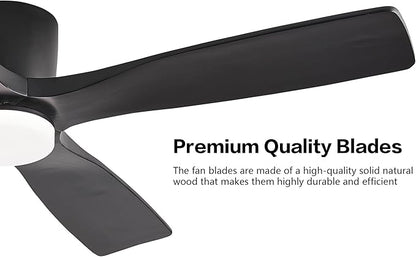 WINGBO 48 Inch Flush Mount DC Ceiling Fan with Lights and Remote, 4 Reversible Carved Wood Blades, 6-Speed Noiseless DC Motor, Hugger Ceiling Fan in Black Finish, Low Profile Ceiling Fans, ETL Listed