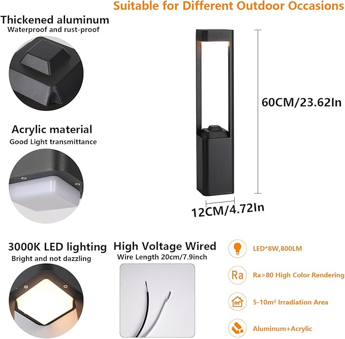 Outdoor Path Lighting Fixture 23.62In Outdoor Landscape Pathway Light Black Aluminum Modern Lawn Floor Light With 3000K LED Bollard Lighting Outside Housing Waterproof Post Lantern For Patio Entrance