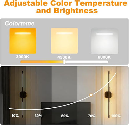 Rechargeable Wall Sconce Set of 2, 35Hrs+ Battery Operated Wall Lights, Wireless Wall Sconce with Remote, 360° Rotatable, Dimmable 3 Color LED Cordless Wall Sconce for Bedroom, Living Room, 23inBlack