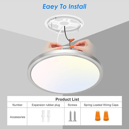 Peasur 12 Inch LED Ceiling Light Brushed Nickel, 24W Slim Flush Mount Ceiling Light 3000K/4000K/6500K Adjustable, Modern Round Ceiling Lighting for Bedroom, Living Room, Kitchen